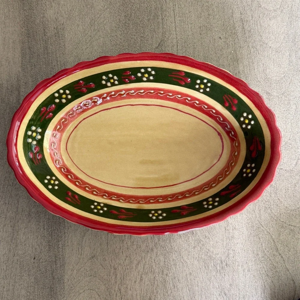 Hand Painted Ceramic Oval Serving Bowl Scalloped Rim Floral Folk Art Red Green